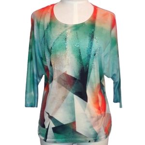 New Directions 3/4 Sleeve Sequin Beaded Detail Size Small Geometric Print